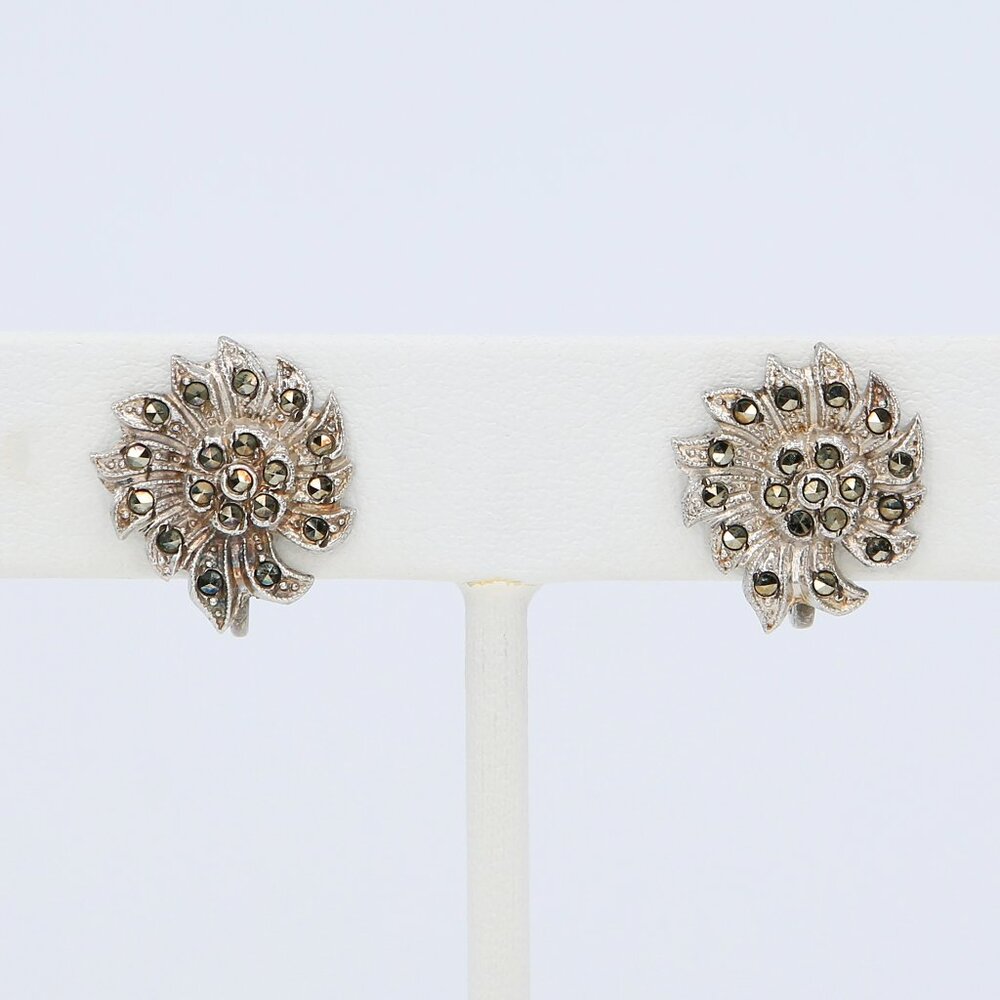 Vintage Sterlingā Bead Set Marcasite Flower Screw Back Figural Earrings 1940s